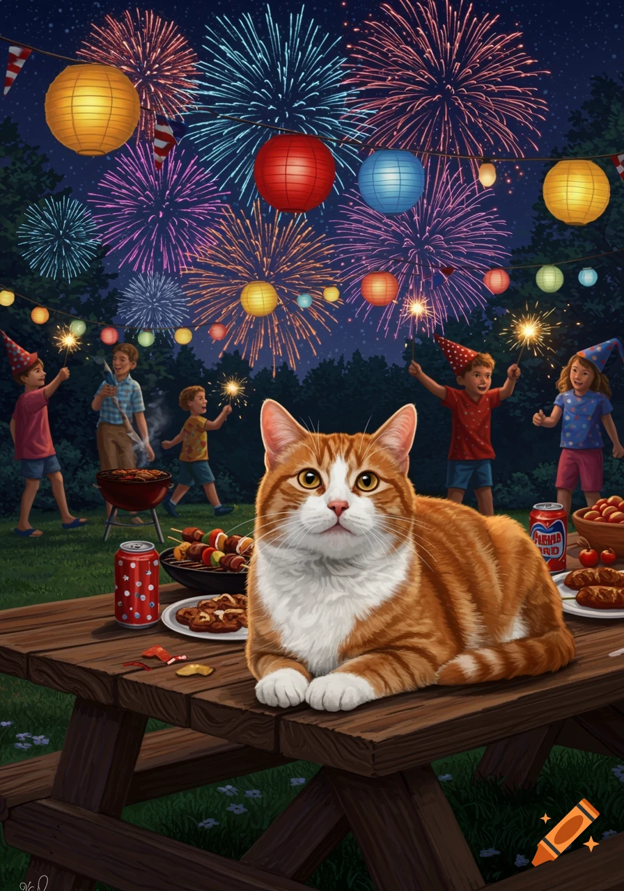 An orange and white cat sits on a wooden picnic table, looking at the viewer, during a nighttime 4th of July celebration with fireworks and children playing with sparklers in the background. Soda cans and food are on the table.