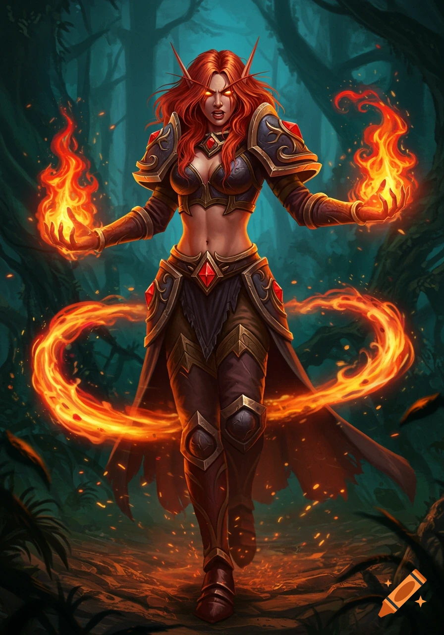 A red-haired female Blood Elf in armor walks through a dark forest, casting fire spells from her hands, stylized illustration.