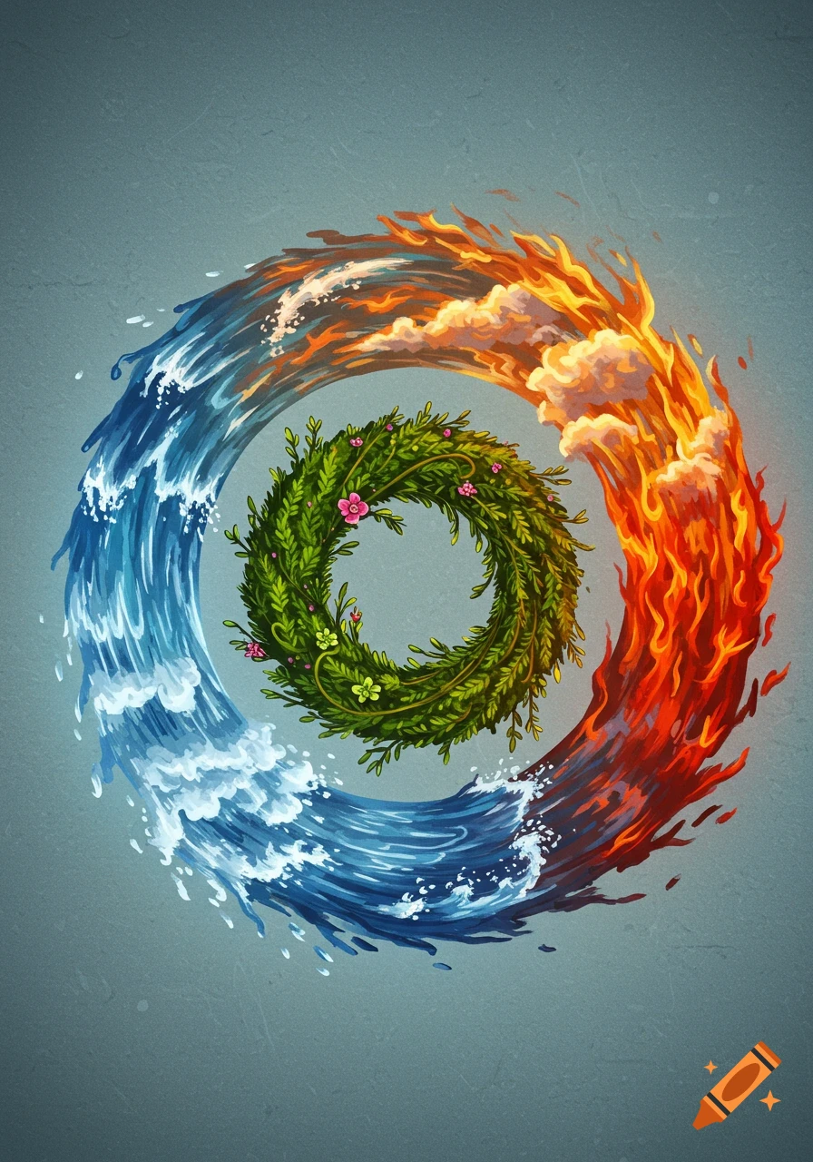 Stylized circular design featuring a blue water wave, orange and red flames, and a green leafy wreath with small pink flowers in the center.