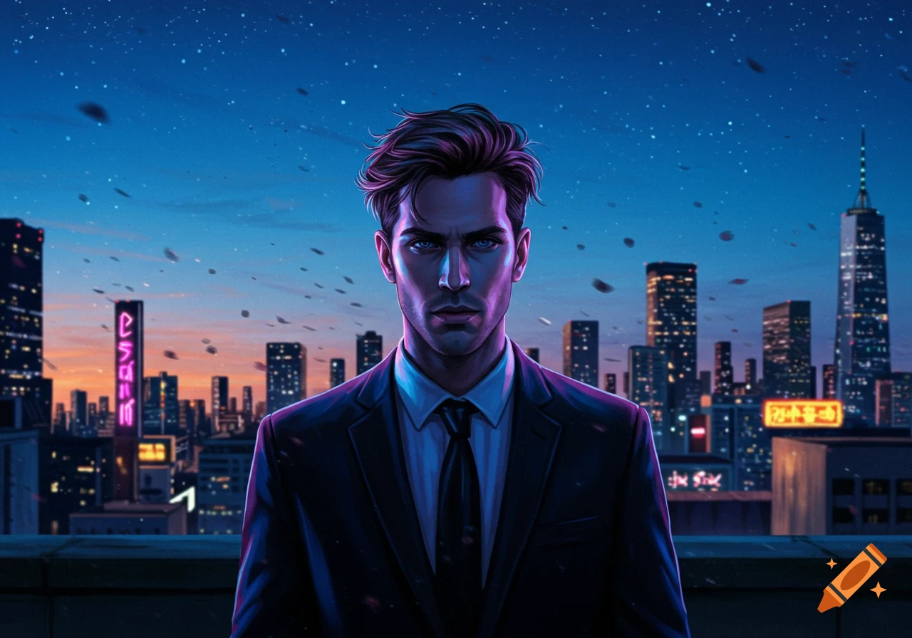 A man in a suit stands on a rooftop with a neon-lit futuristic city skyline at dusk, in a digital art style.