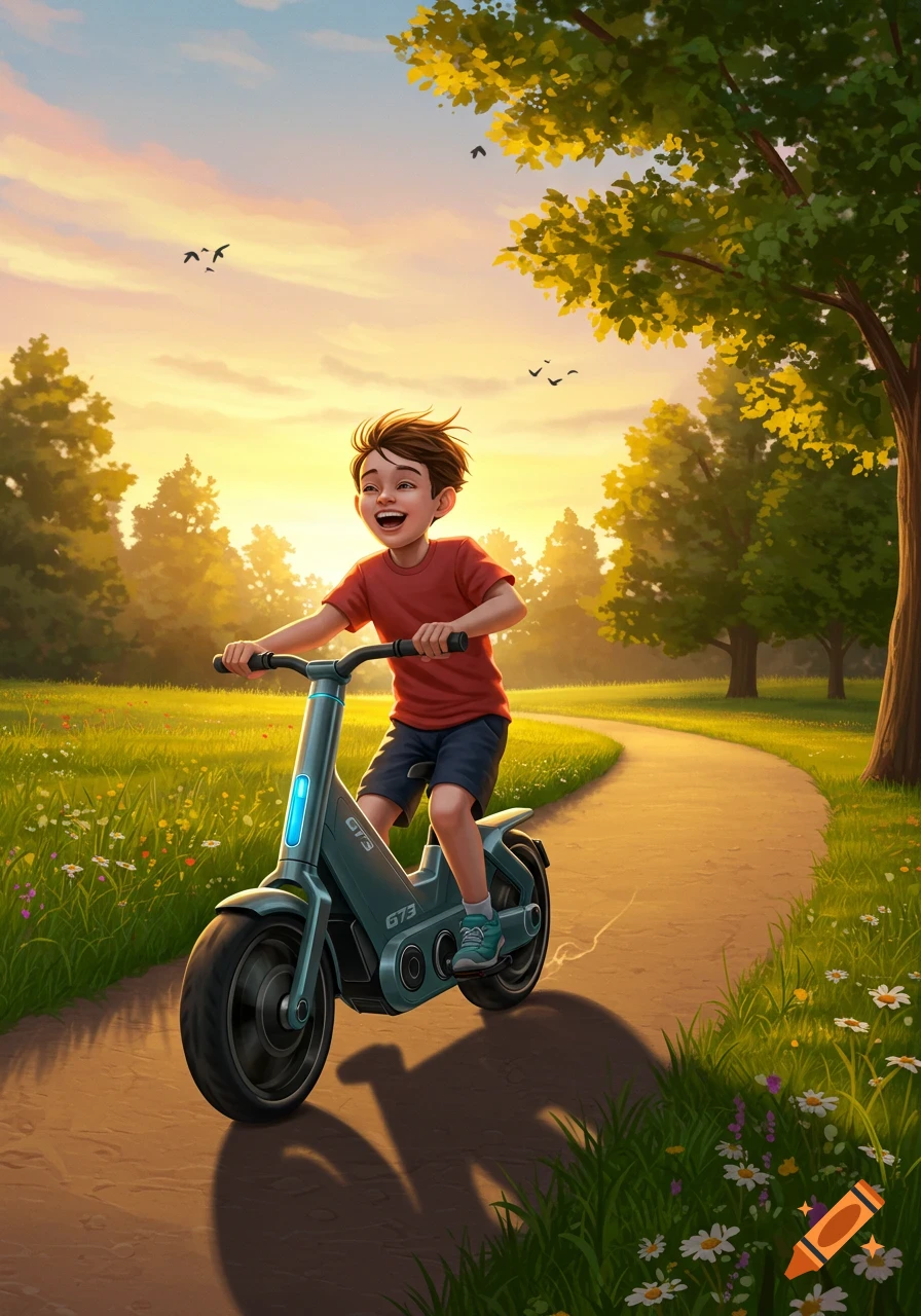 A happy boy rides a light blue electric bike down a paved path in a sunny park at sunset, with green grass and trees.