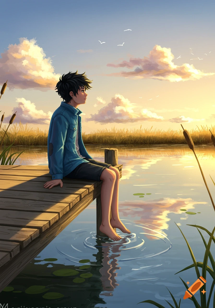 An anime boy sits on a wooden dock with his feet in the water, looking at a golden sunset over a field.
