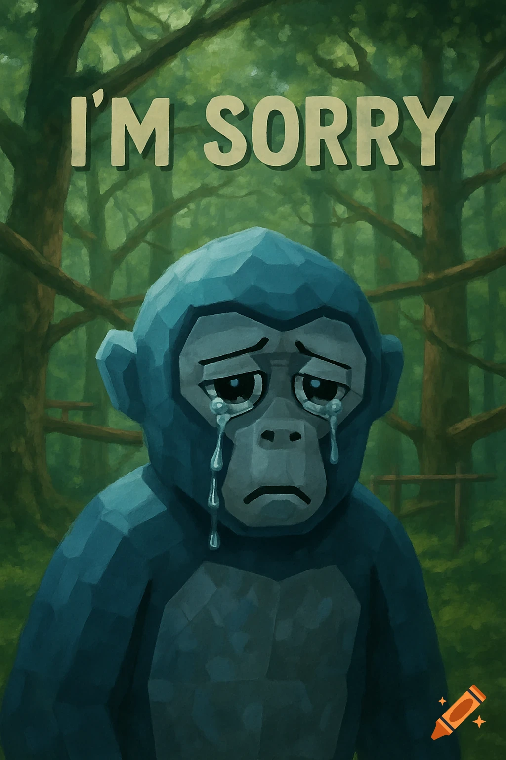 A stylized, sad blue gorilla-like monkey with tears crying in a green forest, with the text 'I'M SORRY' above it.