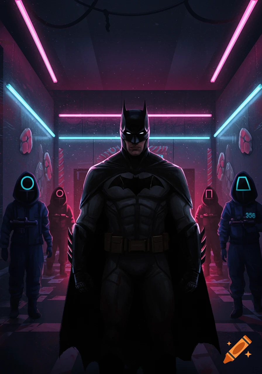 Batman stands in a dark, neon-lit corridor surrounded by Squid Game guards holding weapons.
