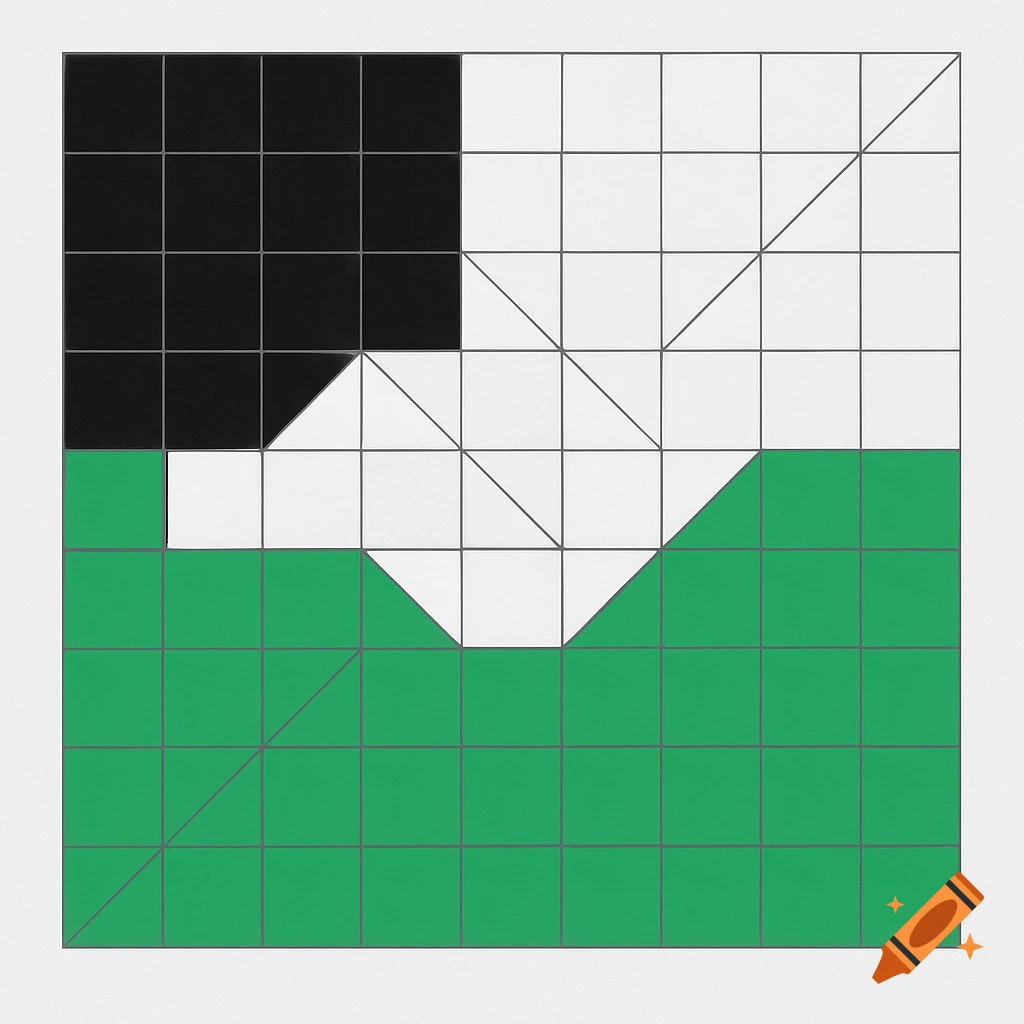 A 2D 8x8 grid with black squares in the top-left, white and green areas featuring diagonal lines and cut-out shapes.