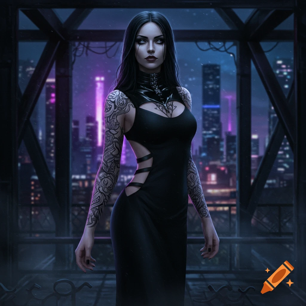 A confident gothic woman in a black cutout dress and tattoos stands on a rooftop overlooking a neon city at night.