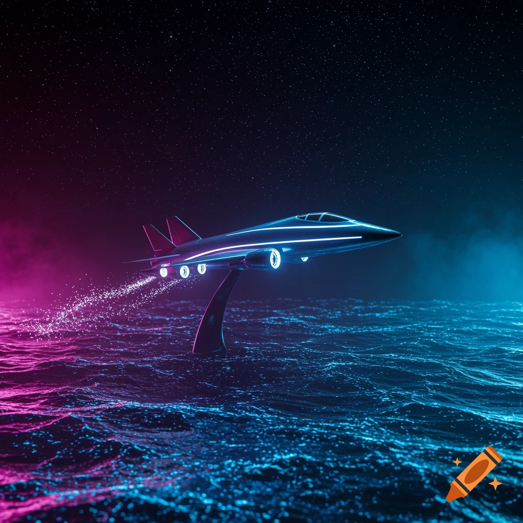 A sleek, neon-lit futuristic jet hovers over glowing blue and pink waters against a starry night sky in a sci-fi style.