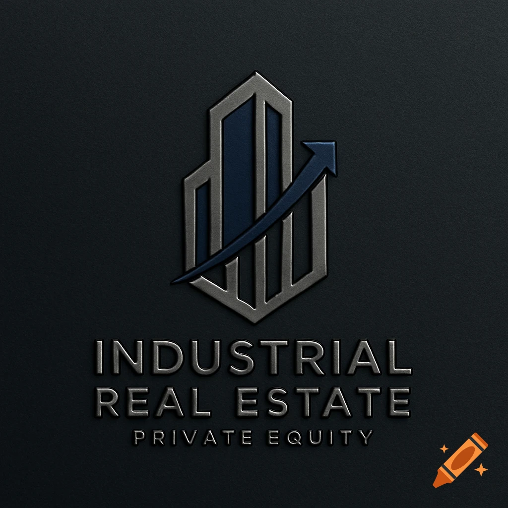 A 3D embossed logo for an industrial real estate private equity firm on a dark textured background. It features a stylized building, an upward arrow, and the text.