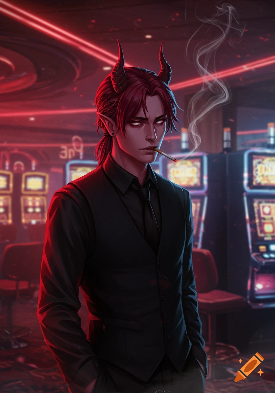 A drawn young man with red hair and devil horns, wearing a black suit, smoking a cigarette in a red-lit casino.