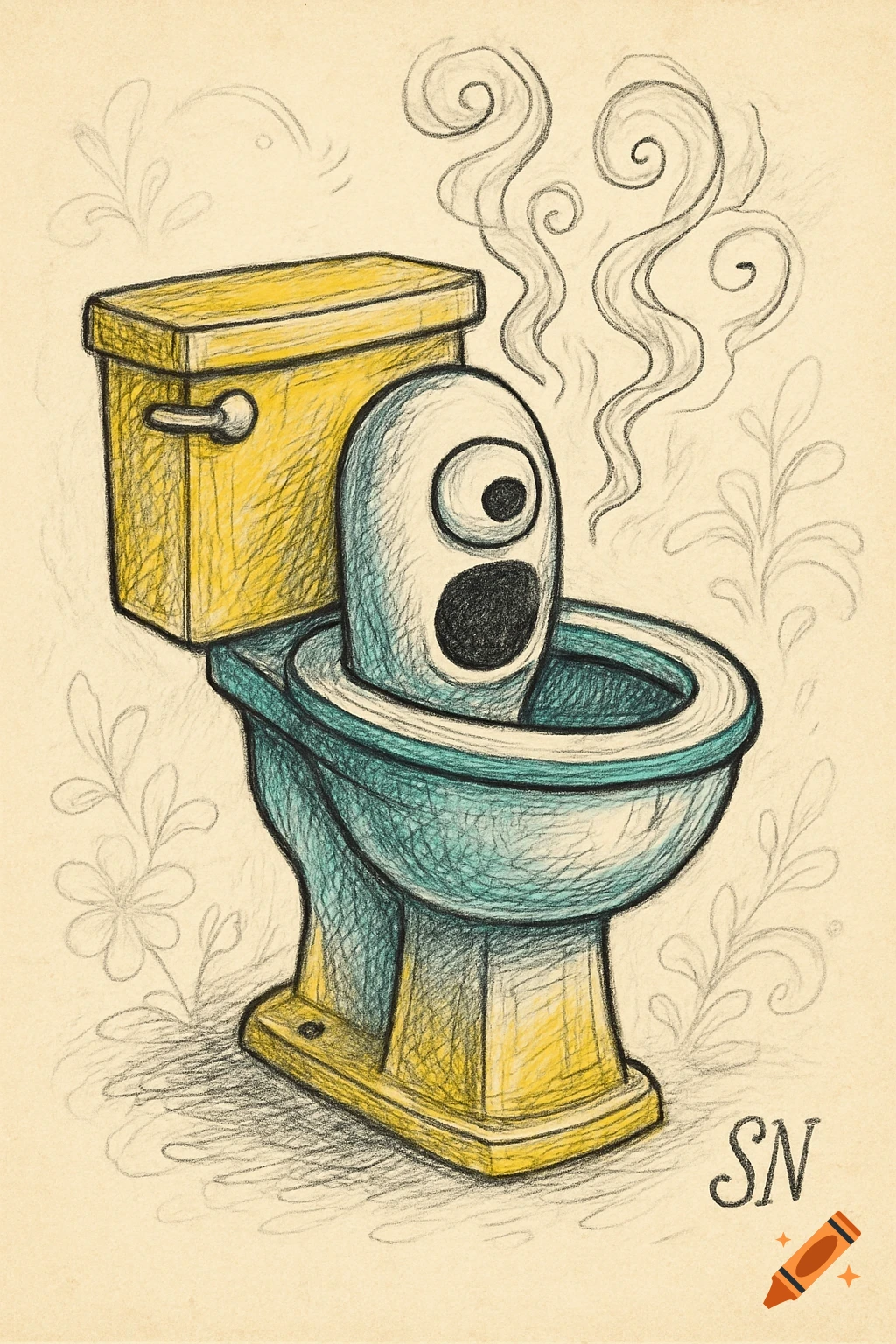 A hand-drawn sketch of a toilet with a white, one-eyed creature's head emerging, emitting smoke, in a teal and yellow color palette.