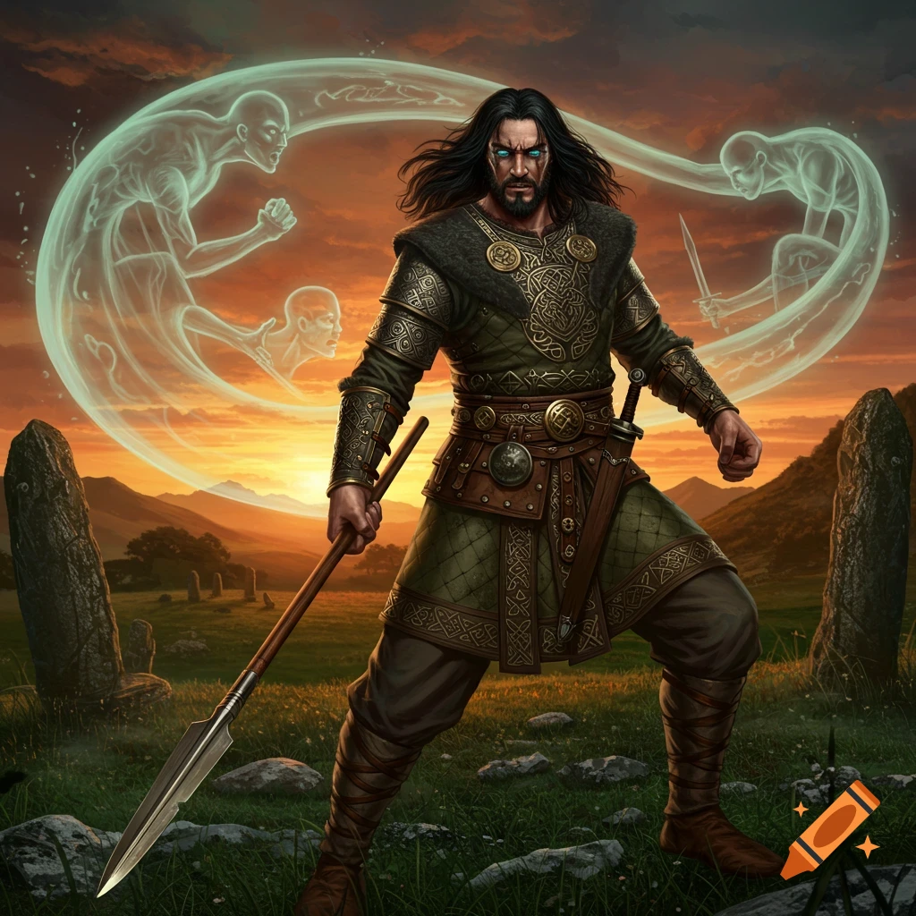 A dark-haired warrior with glowing blue eyes holds a spear amidst ethereal figures and ancient stone pillars at sunset.