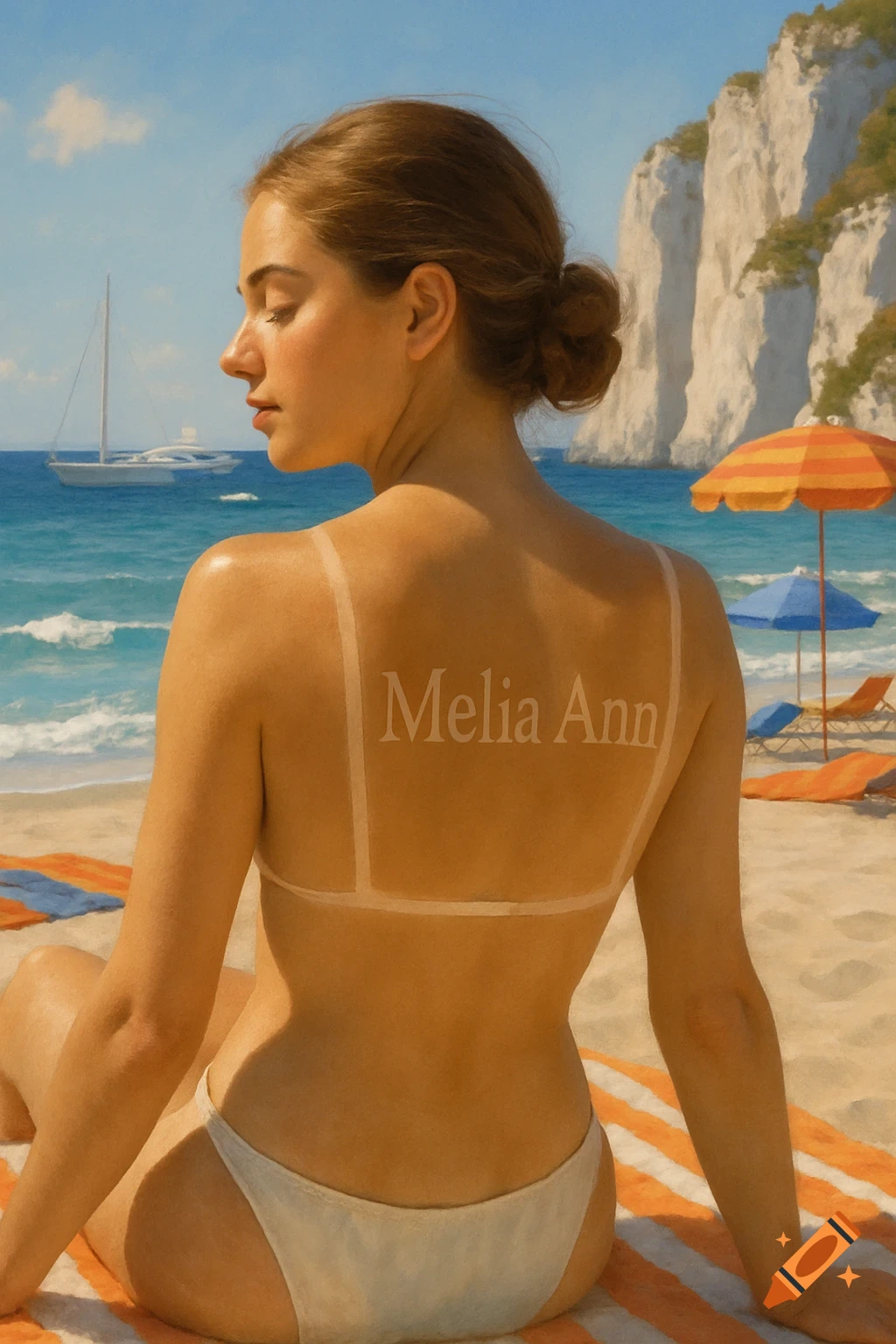 A woman sunbathing on a beach, showing tan lines that spell 'Melia Ann', with the ocean and cliffs in the background.