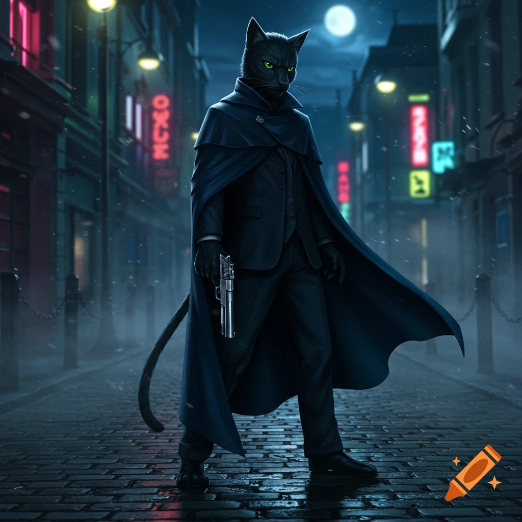 A sleek black catfolk detective in a trench coat holds a pistol on a wet, neon-lit city street at night.