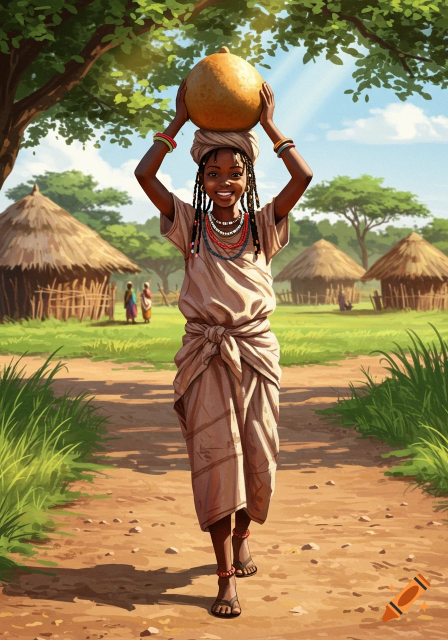 A smiling African girl carries a calabash on her head, walking on a dirt path in a village.
