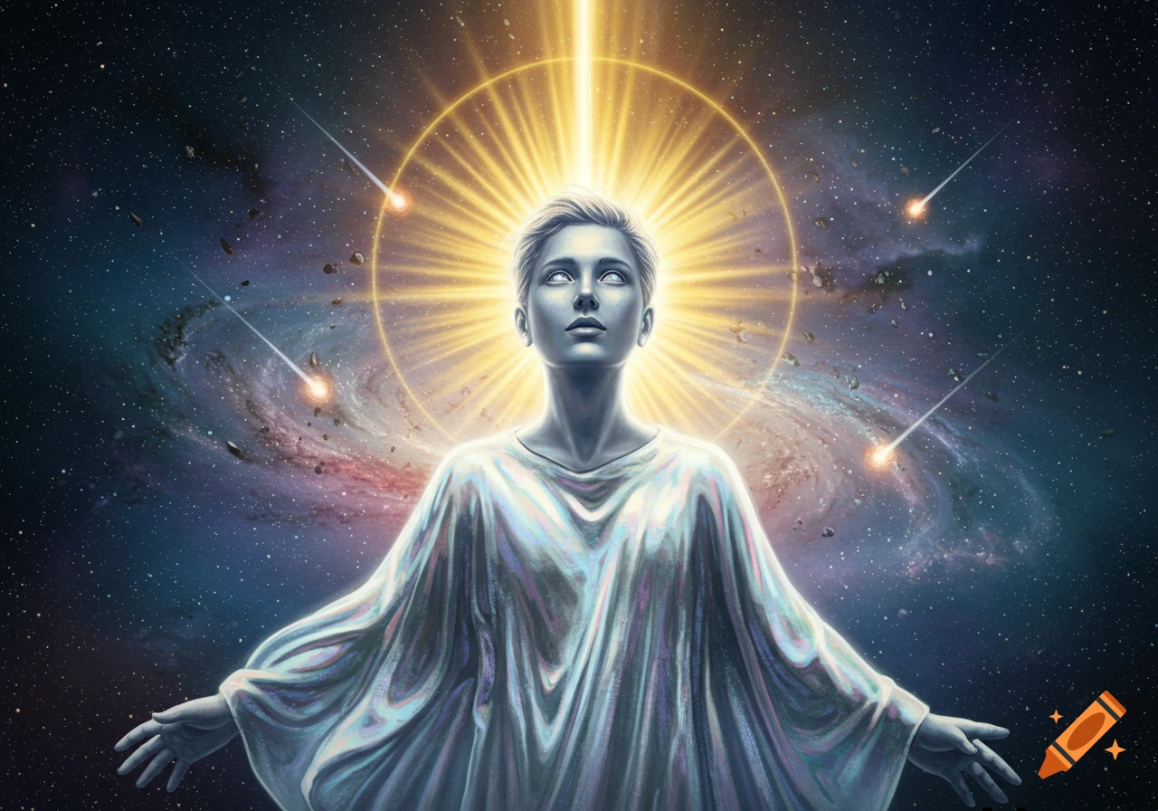 An ethereal figure in white robes gazes upward into a starry galaxy, bathed in a golden light and halo.