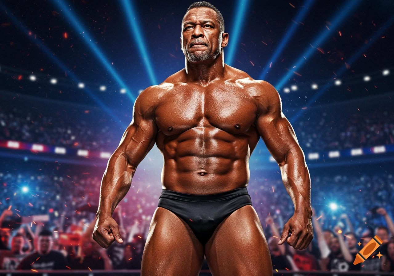 A muscular African American male wrestler in black trunks stands in a spotlight in a stadium.