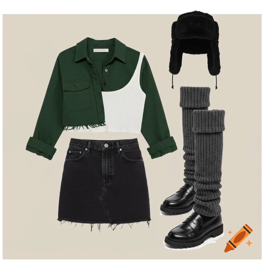 An outfit featuring a green cropped jacket over a white tank top, a black denim mini skirt, black platform loafers with leg warmers, and a black ushanka hat.