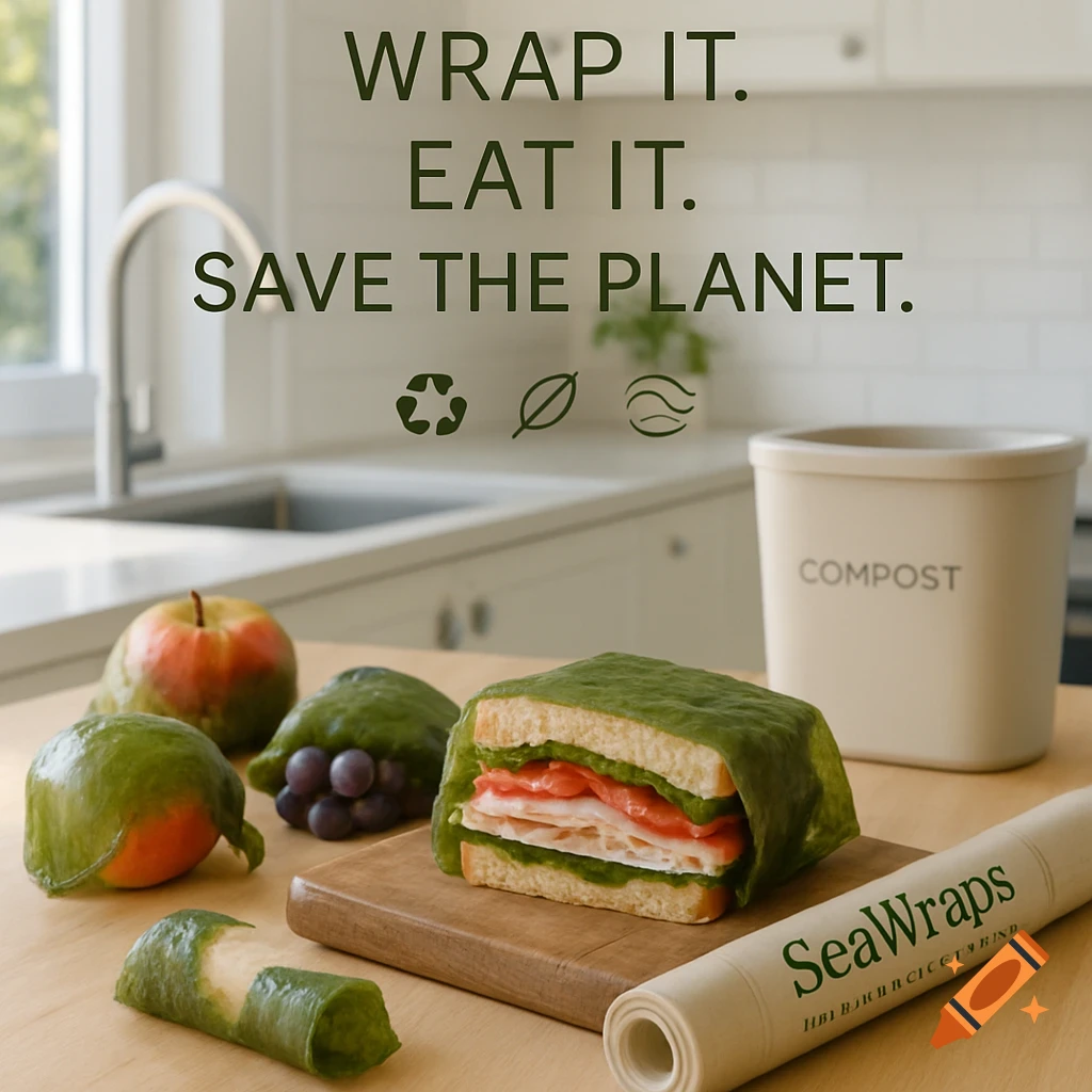 A sandwich wrapped in green seaweed on a cutting board, with wrapped fruits and a 'COMPOST' bin in a bright kitchen. Overlay text reads 'WRAP IT. EAT IT. SAVE THE PLANET.'