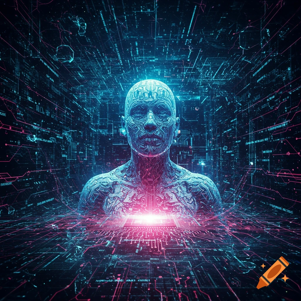 A cybernetic human bust with intricate patterns glows amidst a futuristic digital circuit board with blue and pink data lines.