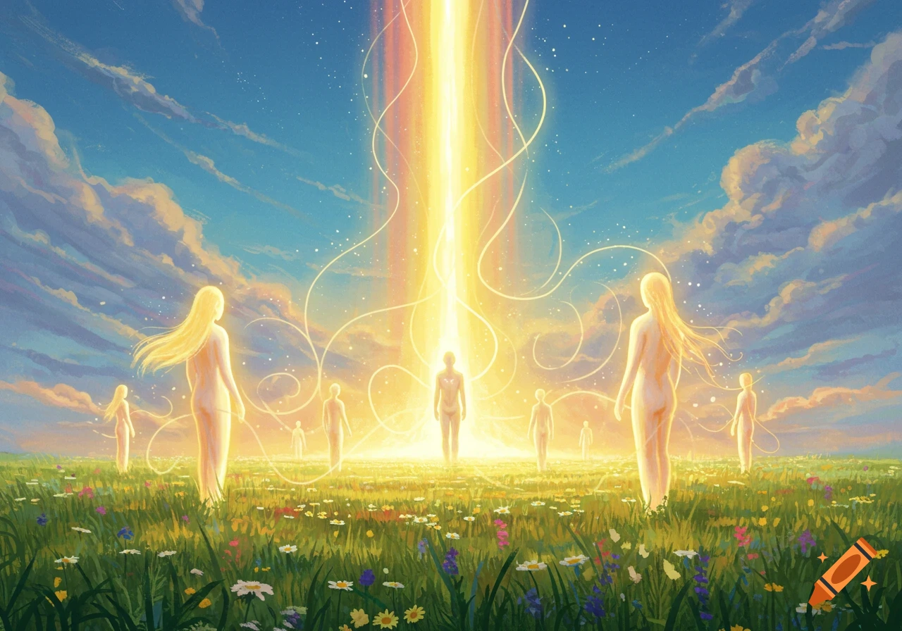 Ethereal glowing figures in a field of wildflowers under a bright sky, bathed in golden light beams.