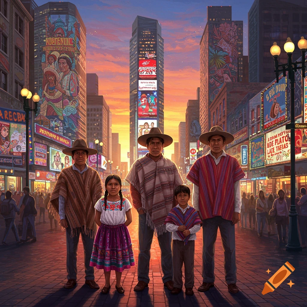 A family of four, dressed in traditional Latin American clothing, stands on a city street lined with tall buildings and illuminated billboards at sunset.