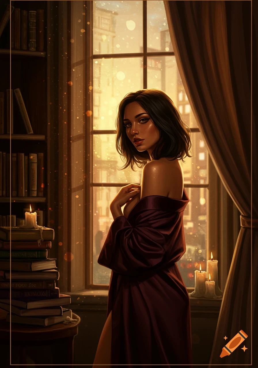 A mysterious woman in a burgundy robe stands by a window in a cozy room during golden hour, with books and candles nearby. Dreamy illustration.