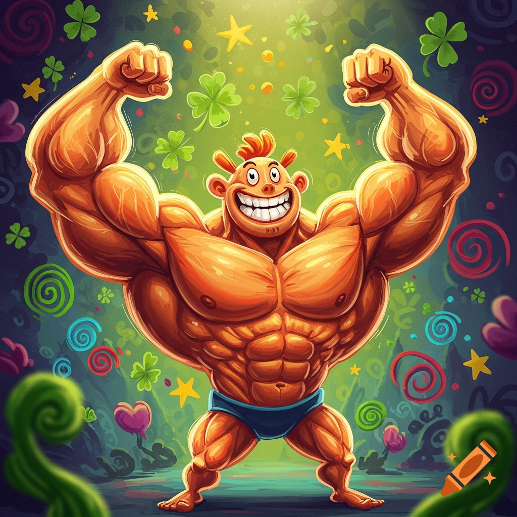 A cartoon man with exaggerated muscles flexing, wearing blue briefs, against a vibrant green and dark background with stars and shamrocks.