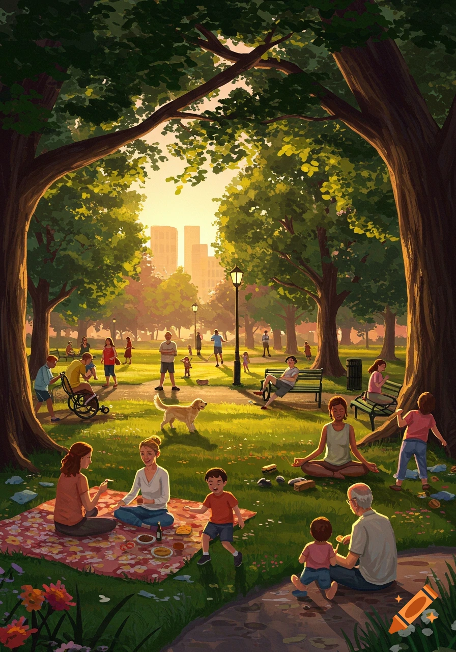 A vibrant, illustrative park scene with people picnicking, meditating, playing, and walking a dog under sunlit trees, with city buildings in the background.