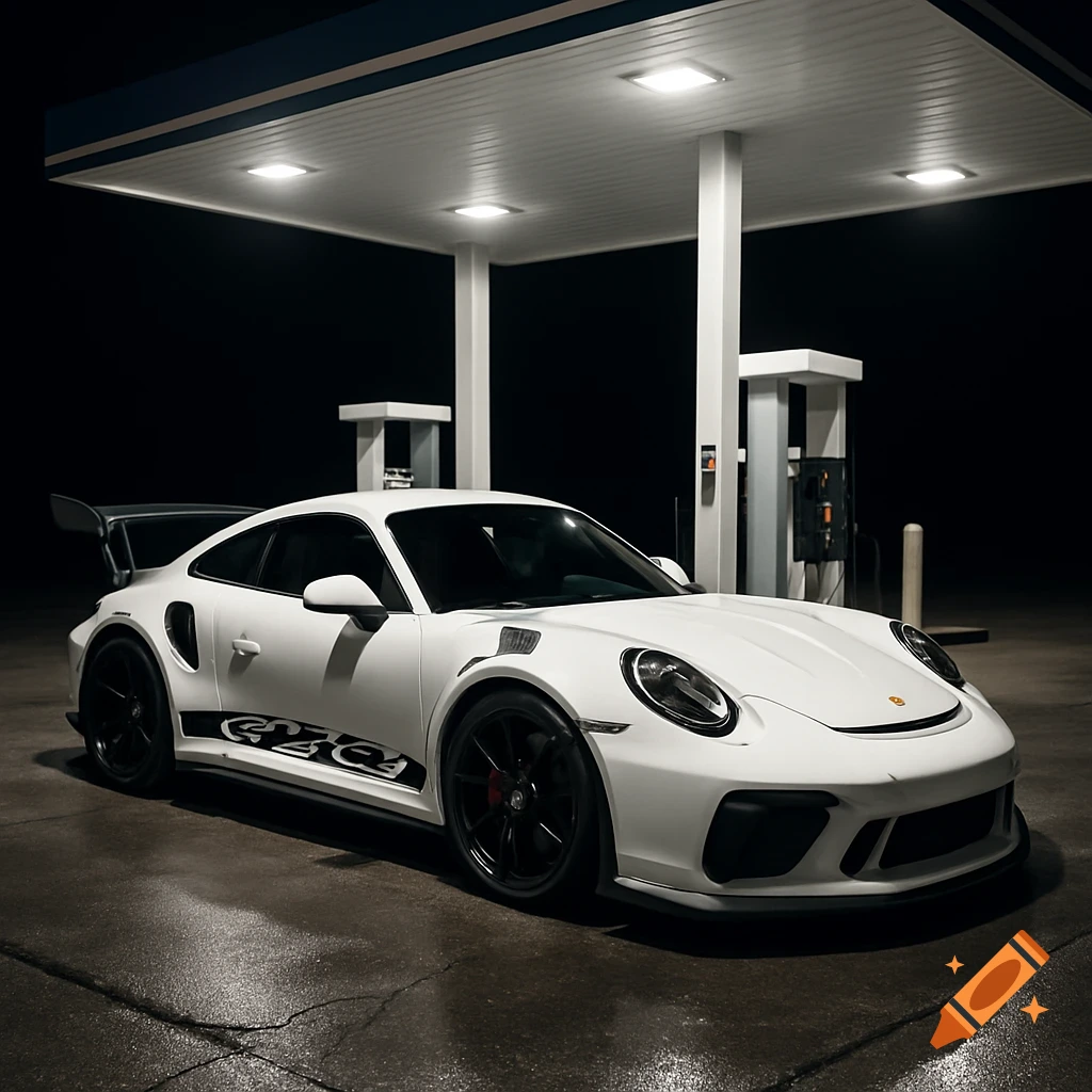 Photorealistic image of a white Porsche 911 GT3 RS with black rims parked at a modern gas station at night, with damp asphalt reflecting lights.