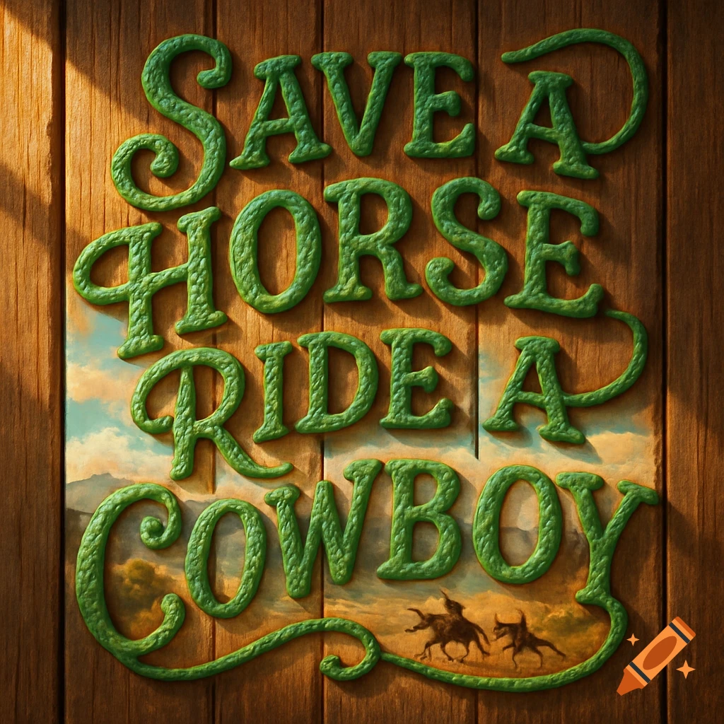 The phrase 'SAVE A HORSE RIDE A COWBOY' rendered in green rope-like text on a wooden sign, with a Western landscape painted below.