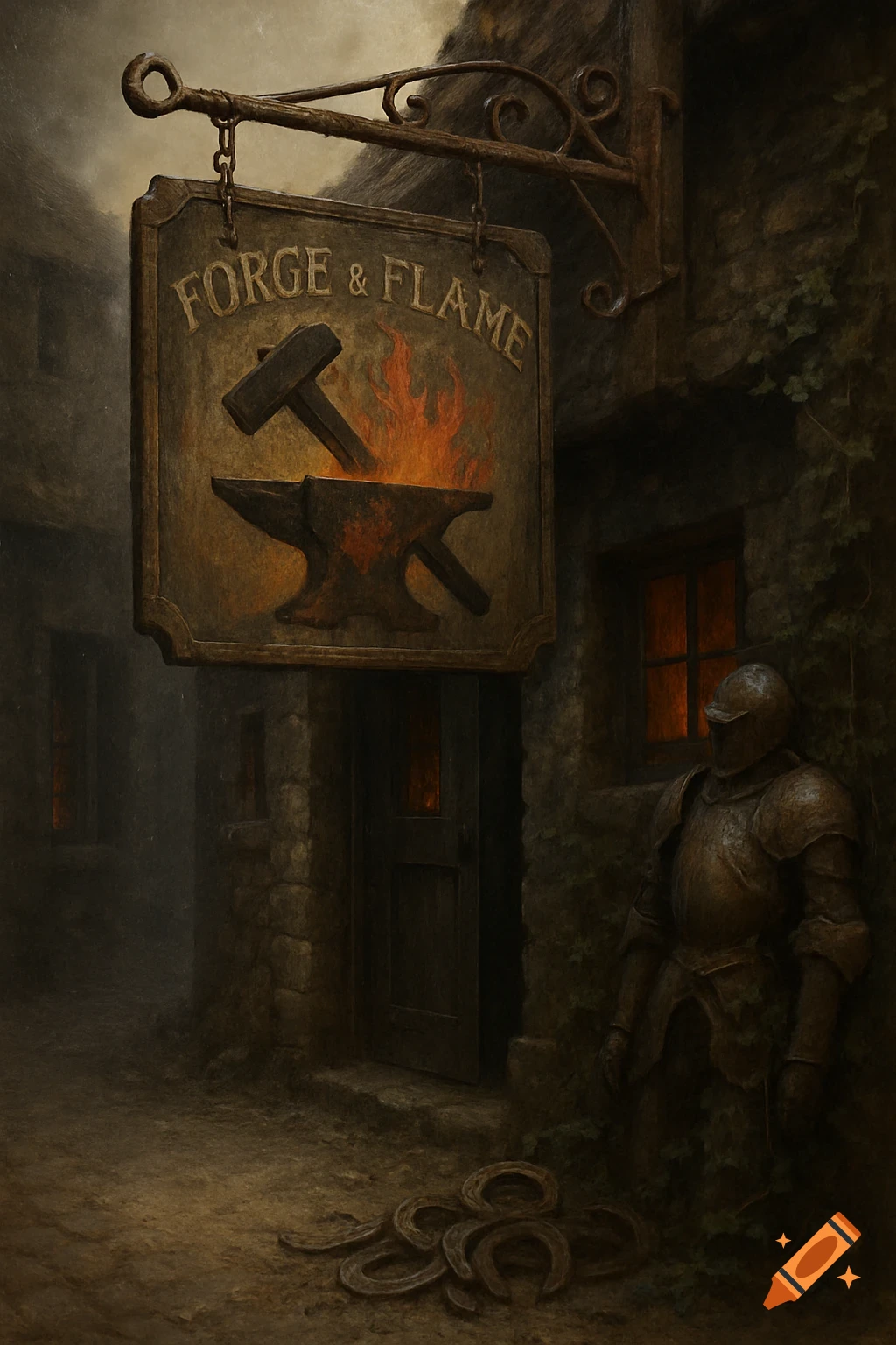 A dark, atmospheric painting of a blacksmith's shop, with a 'FORGE & FLAME' sign, a suit of armor, and horseshoes on the ground.
