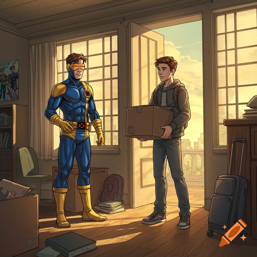 A Marvel comic style illustration of Cyclops meeting a young man holding a cardboard box in a dorm room.
