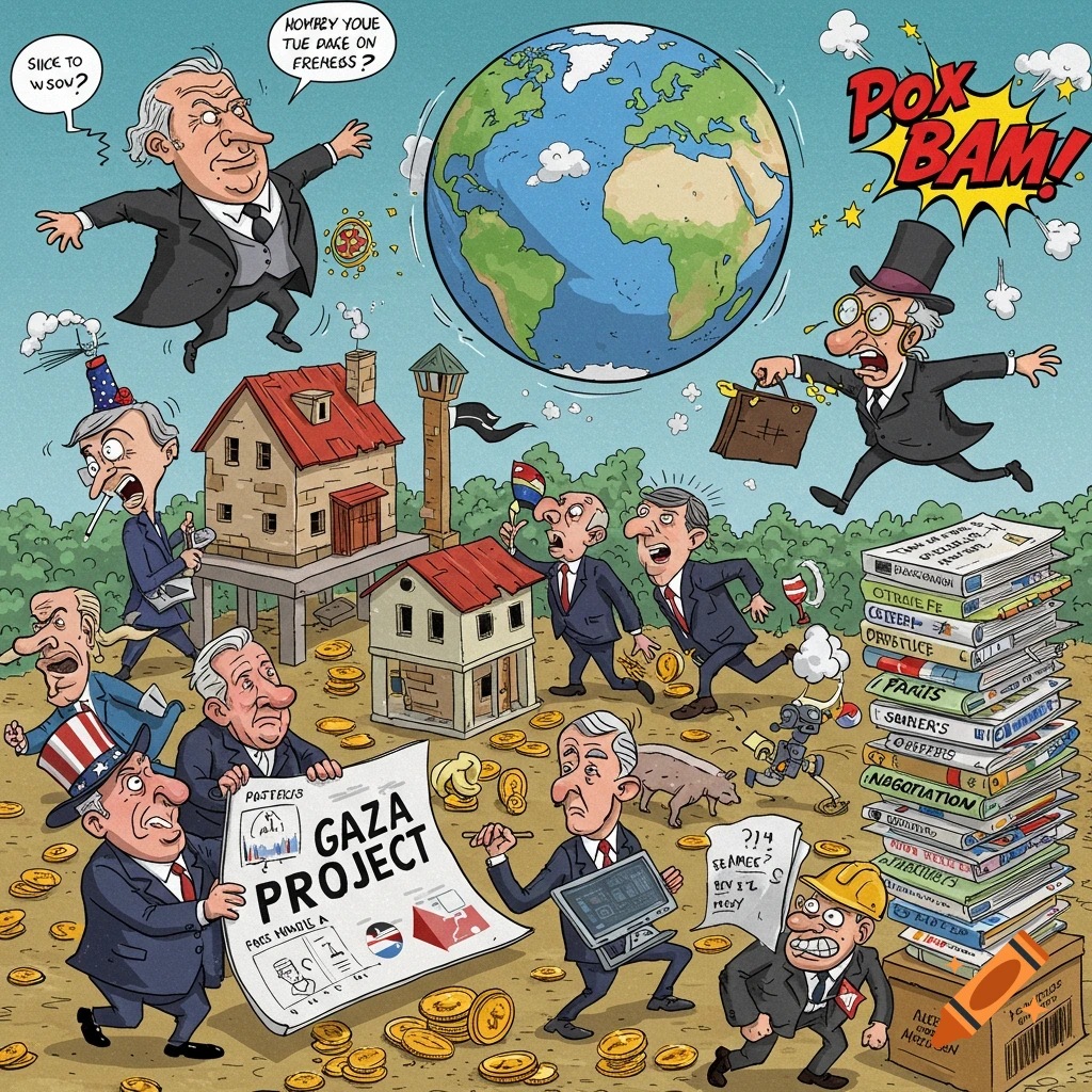 A busy political cartoon depicts caricatures of various world leaders and figures surrounding the Earth, with elements like a "Gaza Project" plan, miniature houses, a stack of books, and scattered coins on the ground.