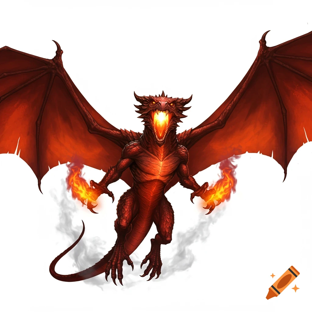 A fierce red dragon with large wings flying forward, breathing fire and holding fire in its claws, against a white background.