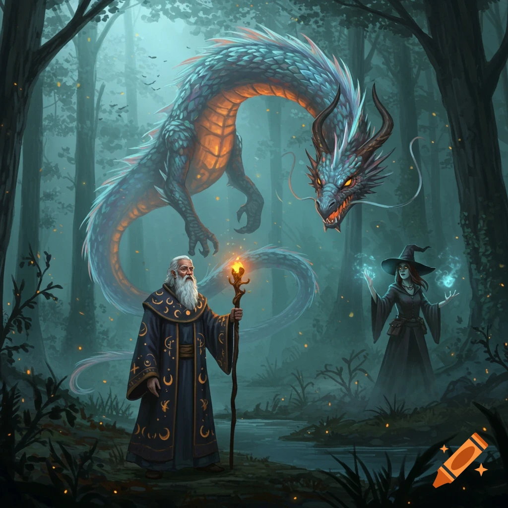 A wizard, witch, and a glowing dragon in a mystical, misty forest fantasy illustration.