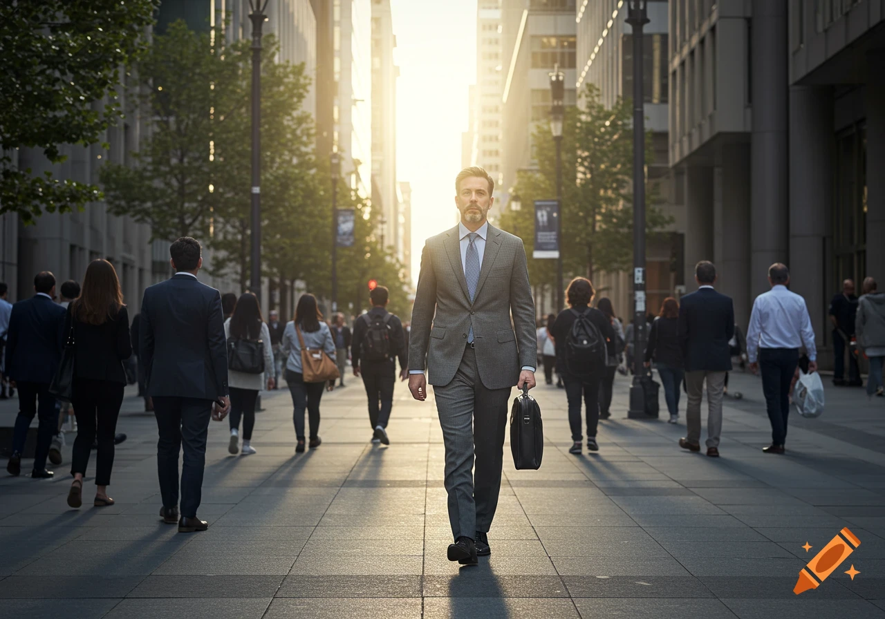 Photorealistic image of a man in a suit walking on a city sidewalk at sunset, surrounded by other pedestrians.