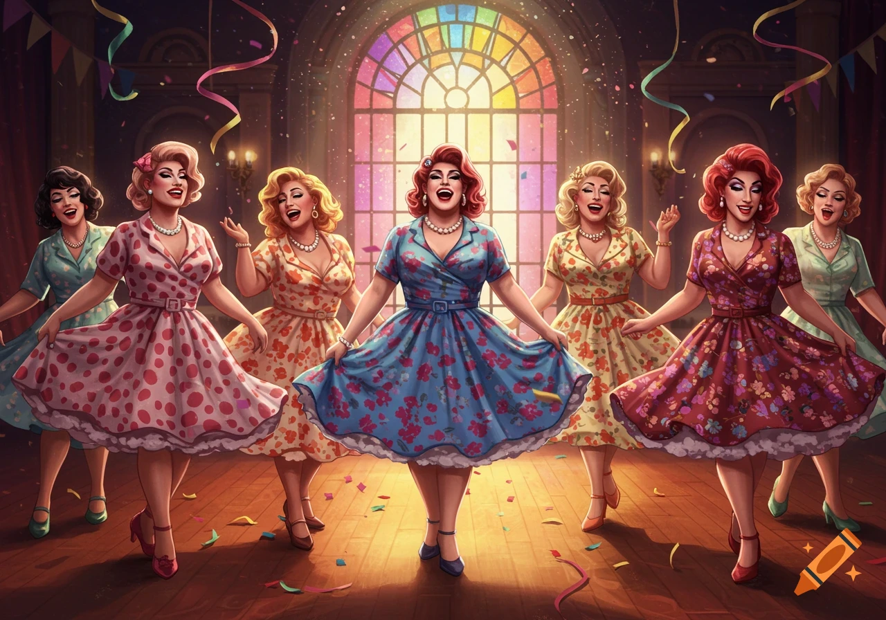 A group of joyous drag queens in colorful 1950s dresses dance and celebrate under confetti in a grand hall with a stained glass window.