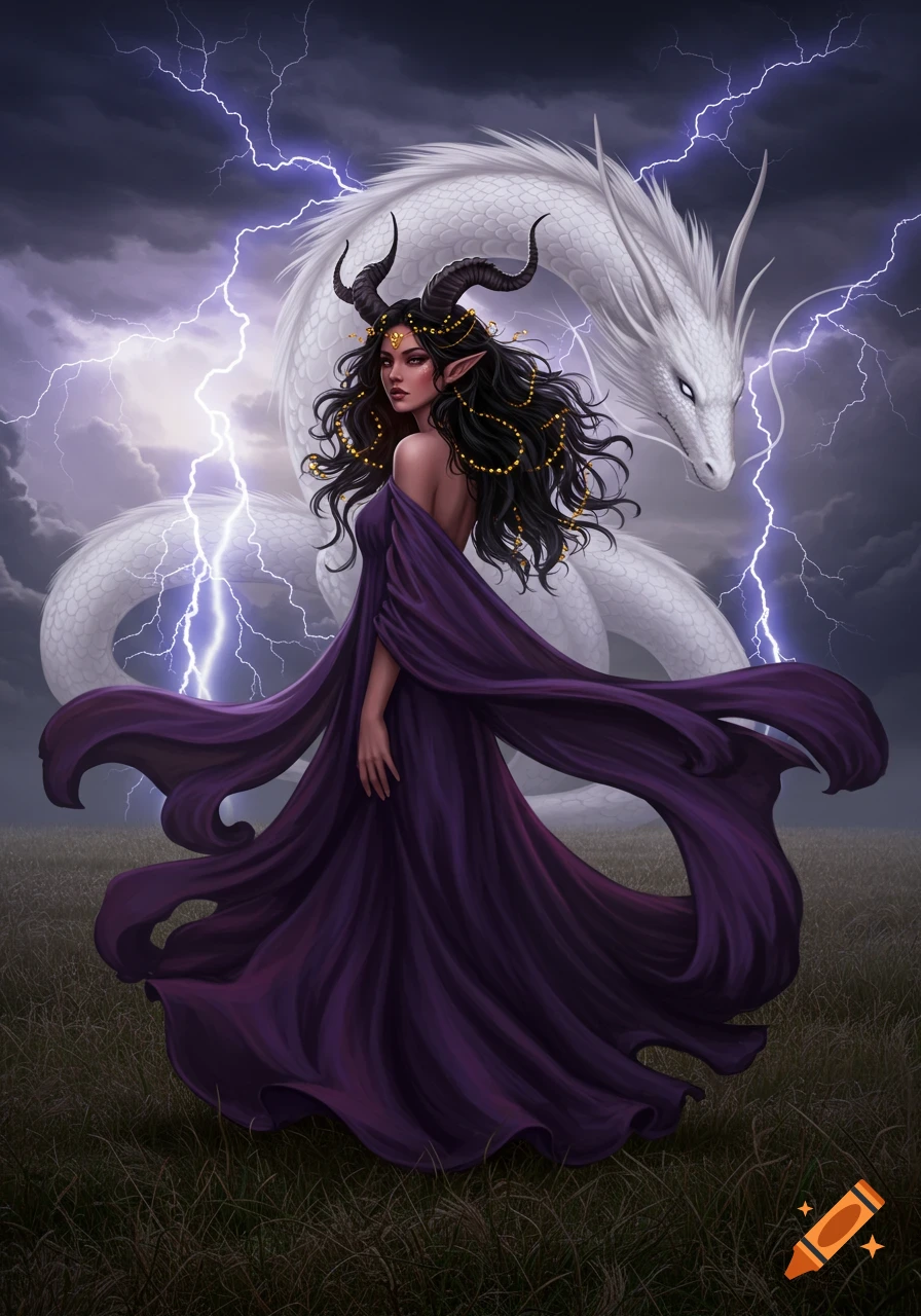 A fae woman in a flowing purple dress with horns stands in a field with a white dragon and lightning in the stormy sky.