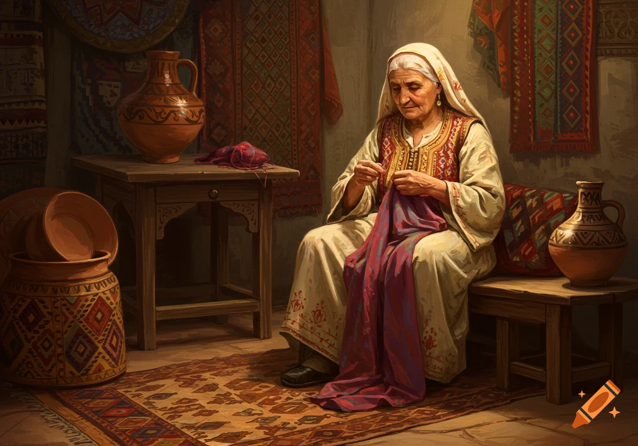 An elderly woman in a traditional dress sewing by hand in a cozy room filled with ethnic rugs and pottery, painted in warm tones.