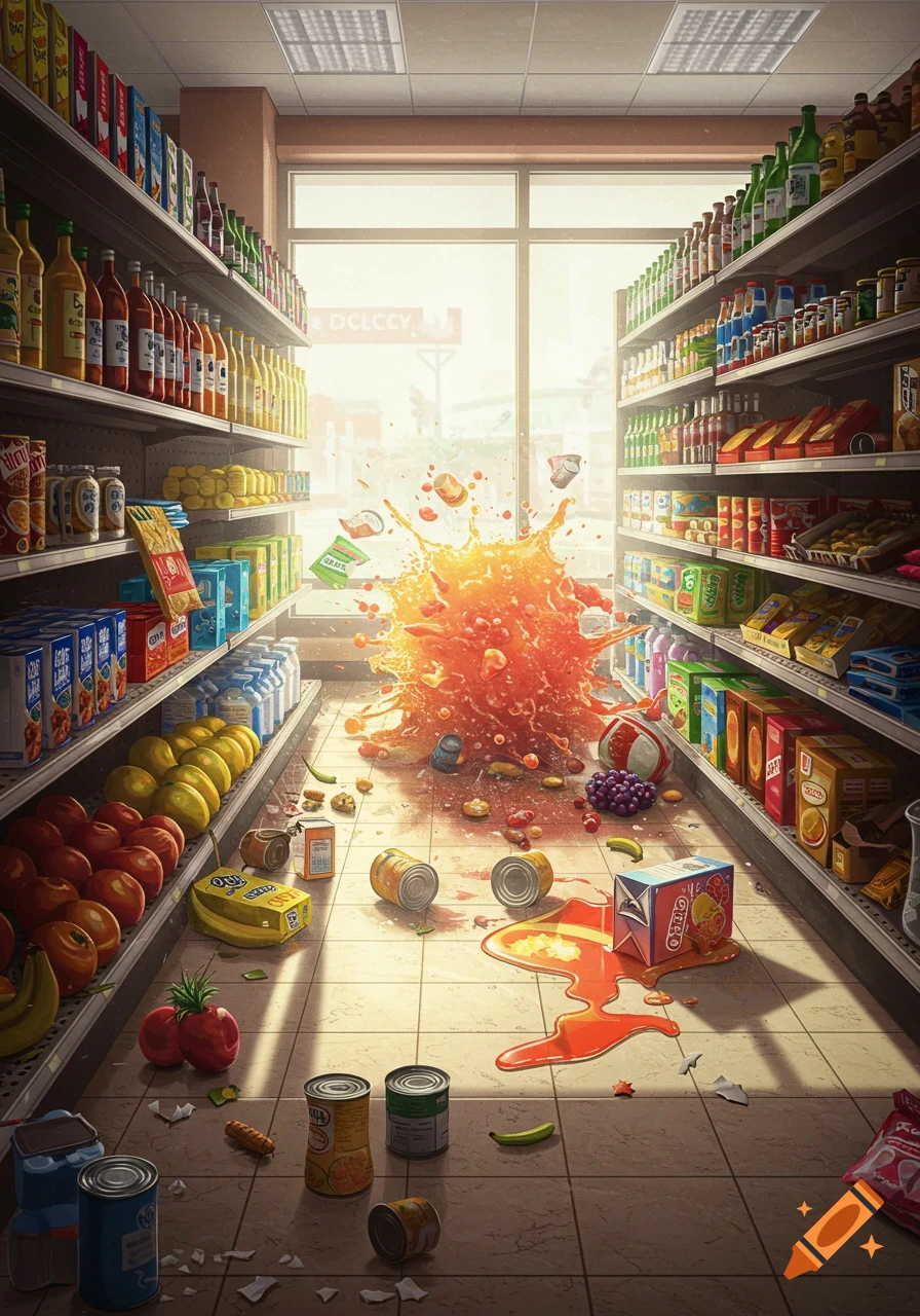 A messy grocery store aisle with shelves of products, spilled liquids, scattered food items, and a large splash of orange liquid in the center.