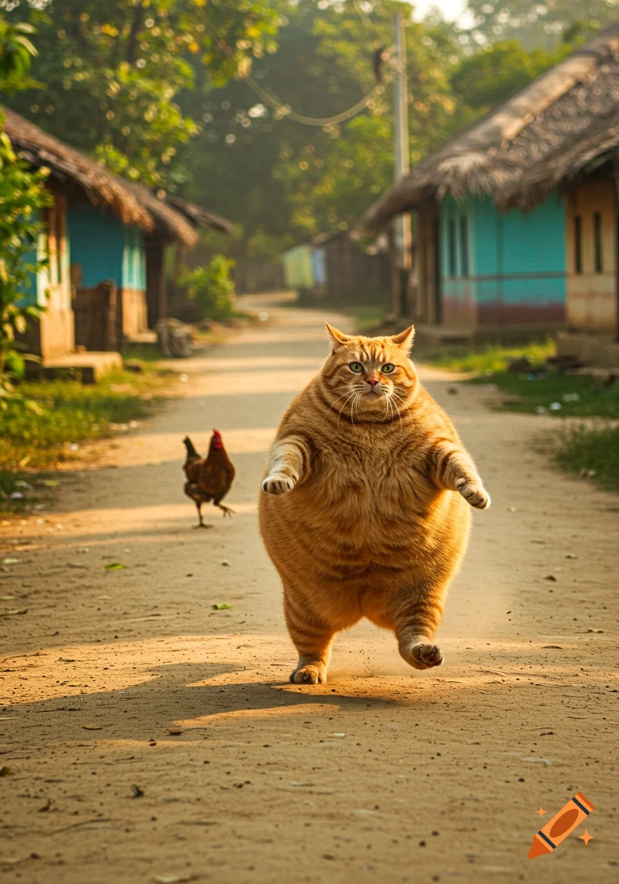 A large, orange tabby cat walks upright like a human on a dirt road in a rural village, with a chicken in the background.