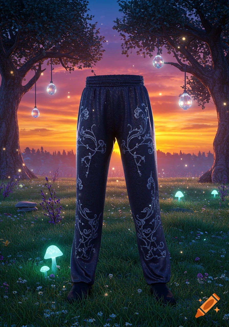 Dark pants with intricate silver patterns stand in a vibrant fantasy field at sunset with glowing mushrooms and hanging orbs.