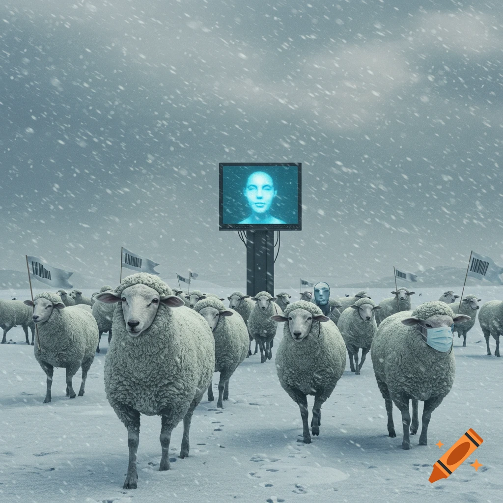 A herd of sheep walks through a snowy, eerie landscape under a grey sky. A large screen on a pedestal shows a blurry human face. Some sheep wear face masks, and small flags with barcode patterns are visible in the background.
