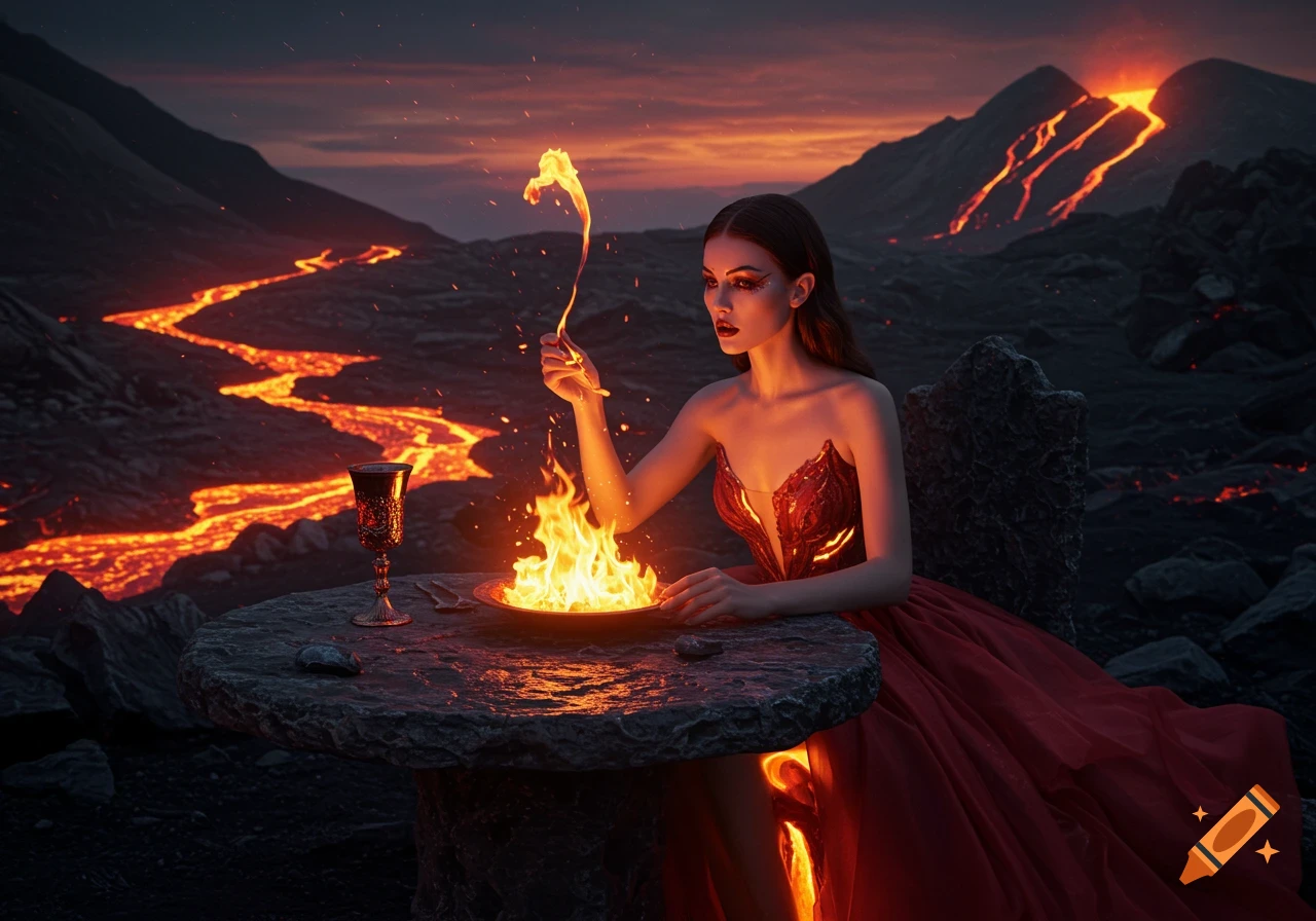 A woman in a red dress sits at a stone table in a volcanic landscape, tending a bowl of fire. Lava flows in the background under a dramatic sky.
