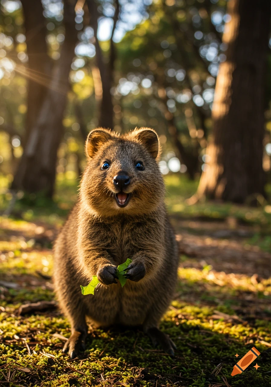 A cute quokka holds a leaf and smiles at the camera in a sunlit forest.