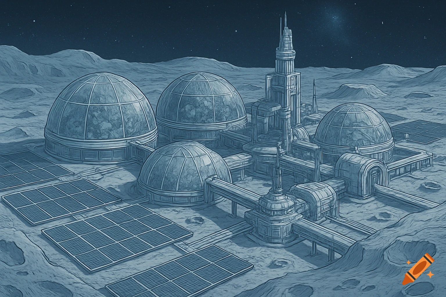 A stylized illustration of a moon base featuring geodesic domes, tall towers, and solar panels on a grey, cratered lunar surface.