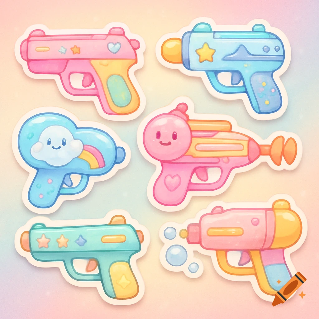 Six pastel-colored, cute, cartoon-style toy gun stickers with rounded edges on a light gradient background.