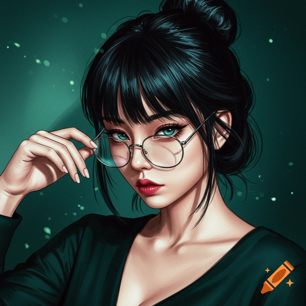 Stylized illustration of a woman with dark hair in a bun, wearing round metal glasses, with striking blue-green eyes and red lips, against a dark green background.