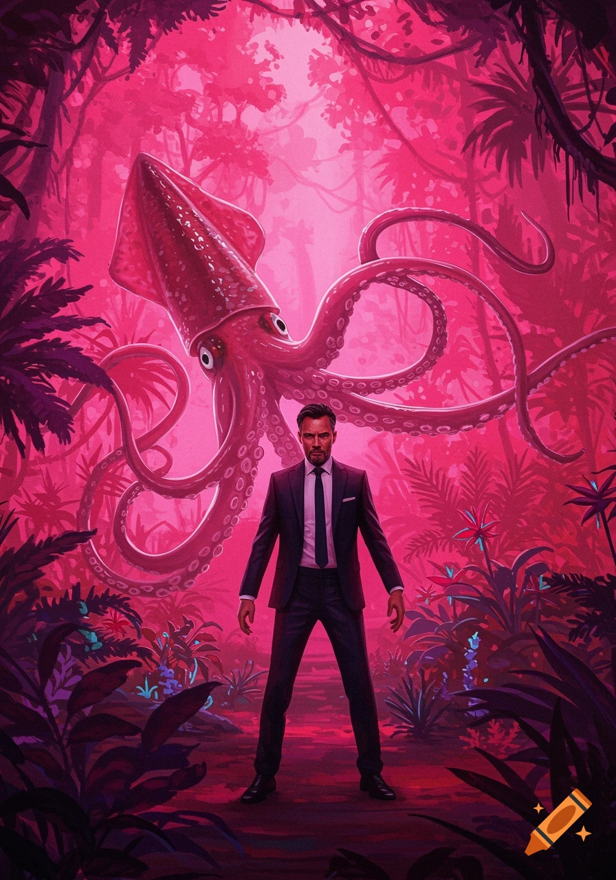 A man in a suit confronts a giant pink squid in a vibrant, stylized pink jungle illustration.