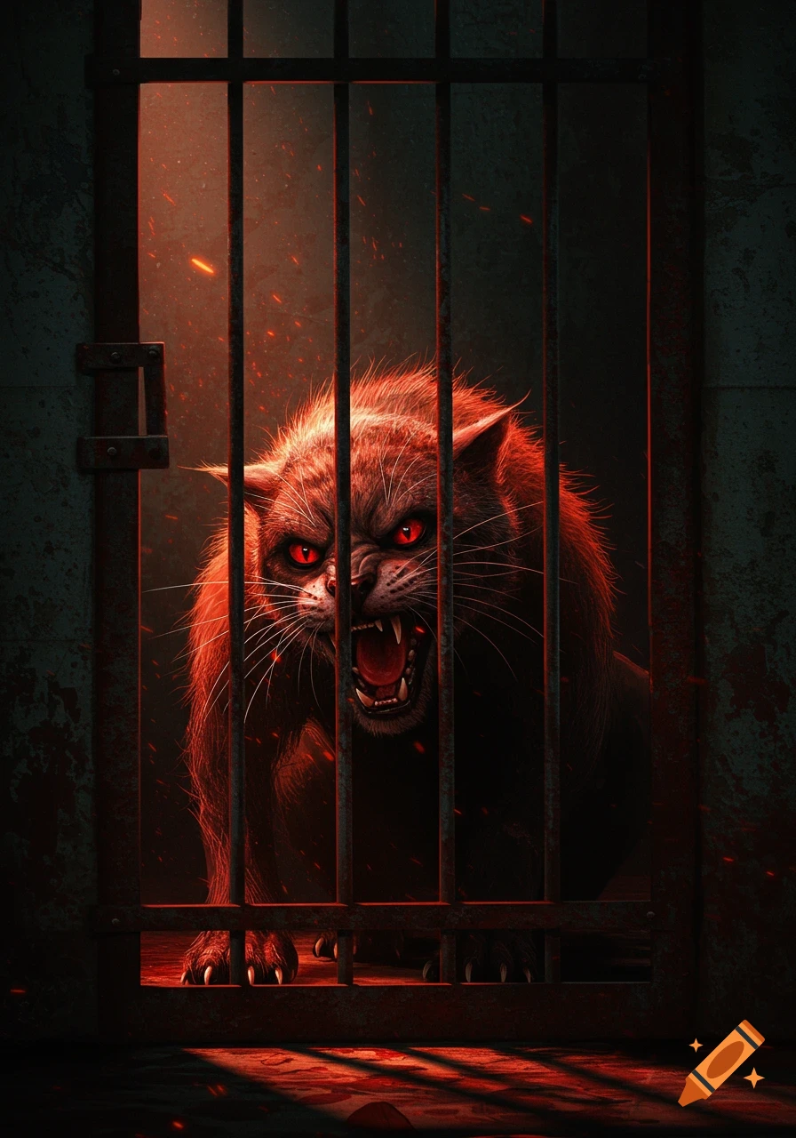 A rabid-looking cat with glowing red eyes snarls from behind dark cage bars, bathed in an eerie red light.